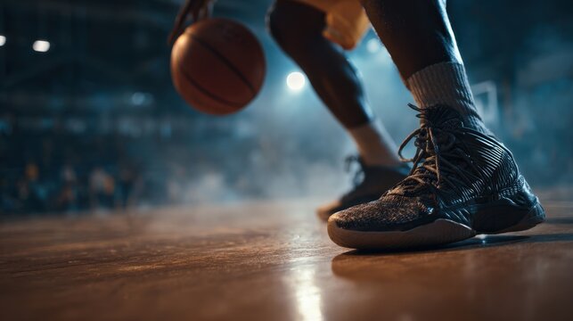 Close up of athlete dribbling basketball on court with focus on shoes during intense sports match - Powered by Adobe