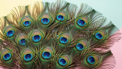 Close-up of iridescent peacock feathers on a pastel background.