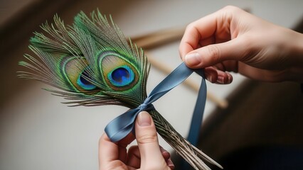 Close up of hands tying peacock feathers with blue ribbon.