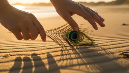 Close up of hands holding a peacock feather on a sandy beach at sunset.