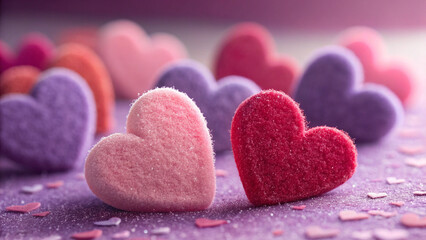 Obraz premium Collection of pink, red, and purple heart-shaped objects with soft, fuzzy texture, creating a harmonious and romantic color palette