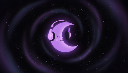 spiral galaxy in space, A cute glowing purple moon with a soft smiling face, wearing large modern over-ear headphones, floating in deep outer space