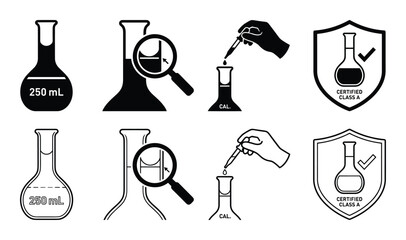 Volumetric Flasks Calibration Vector Illustration, Certified Class A Design, Lab Equipment