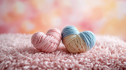 Two heart-shaped objects made of yarn, fluffy pink surface that resembles blanket or fabric, valentine's day theme