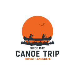 Canoe Trip Vector Logo: Paddling Adventure and Forest Landscape