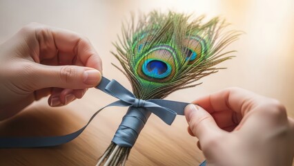 Hands tying a peacock feather bouquet with a blue ribbon on a wooden surface.