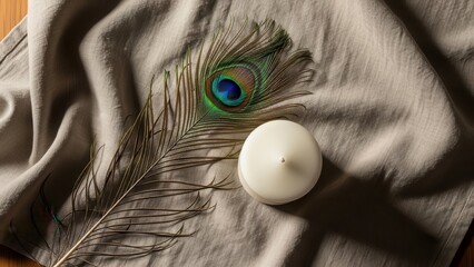 Elegant composition featuring a peacock feather and a white candle on fabric.