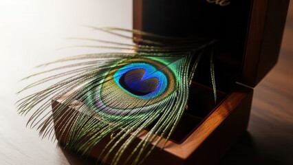 Vibrant peacock feather elegantly displayed within an open wooden box, showcasing its iridescent eye-spot and delicate barbs.