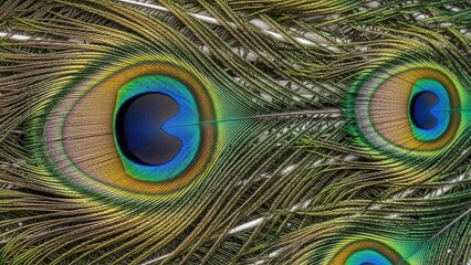 Close-up of vibrant peacock feathers showcasing intricate patterns and iridescent colors.