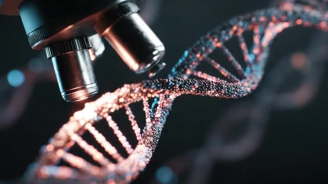 Unveiling the Code of Life: A detailed shot of a microscope focusing on a DNA strand, it's a visual metaphor for scientific discovery and biological study.