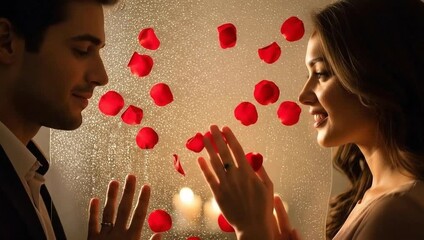 Romantic couple in intimate moment with falling rose petals and soft candlelight creating a warm and loving atmosphere with romance and love