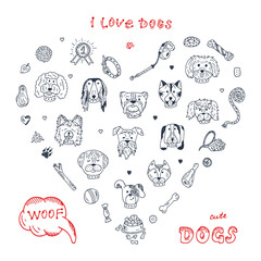Dogs Vector Set in Heart shaped. Dogs faces icons. Hand Drawn Doodles Dogs and accessories for pets. 