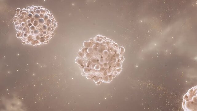 3D rendering of microscopic white cells floating in fluid background under soft golden lighting