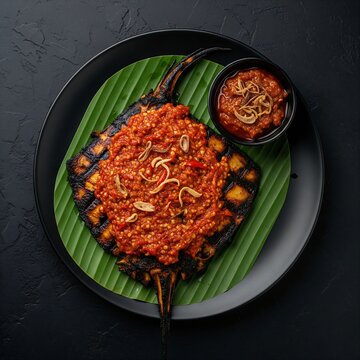 Ikan Bakar. A piece of stingray grilled with a thick layer of spicy sambal on top, served on a vibrant green banana leaf. Accompanied by a small bowl of "air asam" (tamarind dip). Matte black plate, d