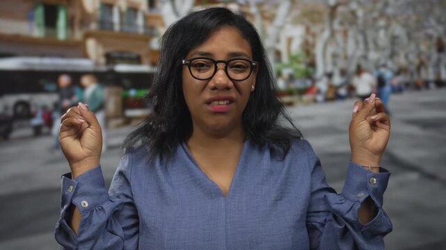African american woman pointing both index fingers firmly on busy bustling downtown street; skepticism.