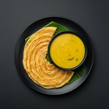 a flaky, golden-brown Roti Canai. The flatbread is torn slightly to show its airy layers. Beside it sits a small black bowl of thick yellow dhal curry. Arranged on a vibrant green banana leaf atop a s