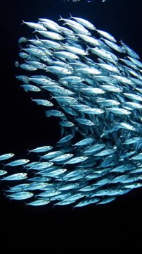 School of fish swimming together in dark waters