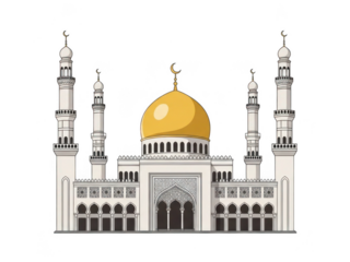 Illustrated mosque with golden dome and minarets isolated on transparent background