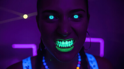 pooky Woman With Glowing Neon Teeth And Eyes In Ultraviolet Light
