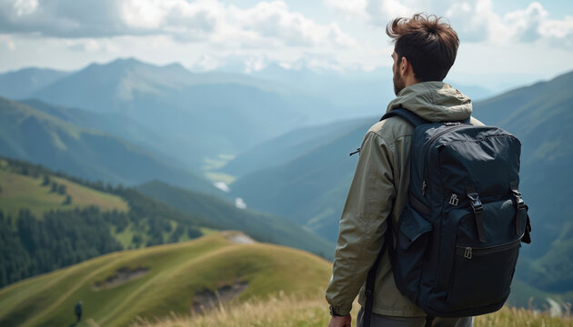 Young man wearing backpack stands on mountain peak. Male hiker overlooks vast valley landscape. Person enjoys solo adventure, journey, nature, great outdoor view.