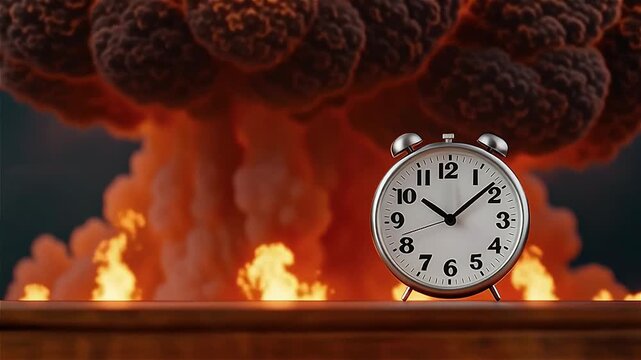 Alarm clock explosion with fire background symbolizing urgency and dramatic time pressure in vintage retro metal round countdown blast scene
