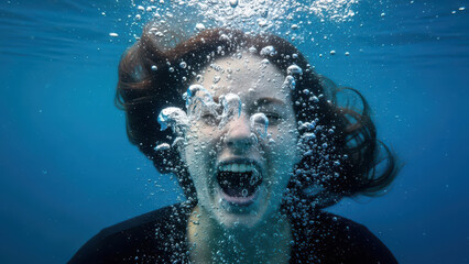 Anxious Woman Screaming Underwater With Bubbles And Floating Hair