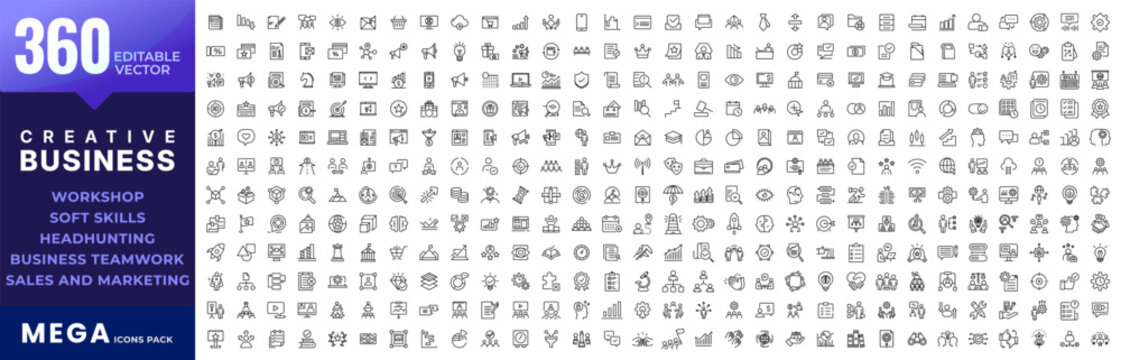 Big business line icons mega collection. Workshop, soft skills, economics, management, teamwork, development, office, corporate, creative, and productivity, large UI icon set. Vector editable stroke