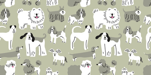 Childish seamless pattern with hand drawn dogs, different breed, beagle, poodle, chow chow. Trendy doodle sketch style vector background. Perfect for kids apparel, fabric, textile, nursery © Anna