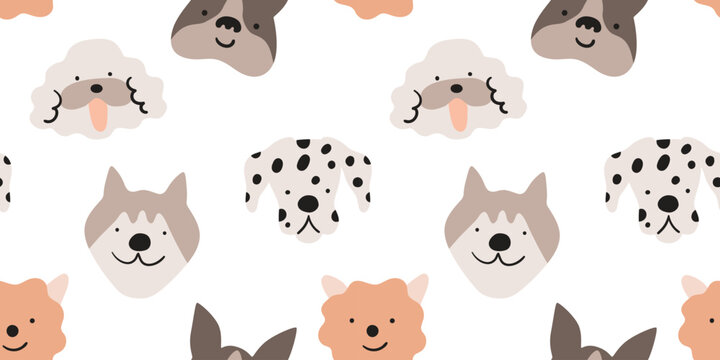Funny smiling dog animal face icon cartoon seamless pattern in flat doodle illustration style. Cute puppy pet head, white background, diverse domestic dogs breed wallpaper. Textile, fabric print.