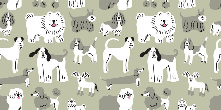 Childish seamless pattern with hand drawn dogs, different breed, beagle, poodle, chow chow. Trendy doodle sketch style vector background. Perfect for kids apparel, fabric, textile, nursery