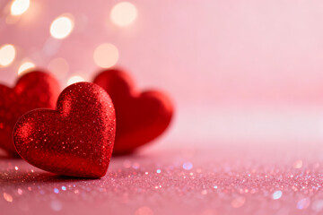 Fototapeta premium Close Up of Glittery Red Heart on Sparkling Pink Surface with Blurred Lights for Romantic Message