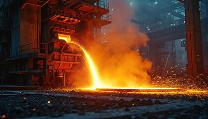 Molten steel pours from furnace in industrial plant. Sparks fly as glowing metal fills mold. Heavy machinery operates in large factory setting.