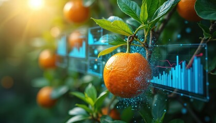 Orange fruit grows on tree branch with digital data charts overlay. Future farm tech monitors growth and yield with cyber displays. Organic food industry innovation.
