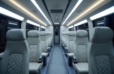 Modern passenger bus interior with light grey upholstered seats. Comfortable seating arrangement. Luxury vehicle designed for passenger transport and tours. Ambient lighting inside.