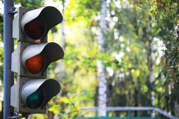 Traffic Light in Leafy Urban Setting with Green, Yellow, Red Signals in Daylight