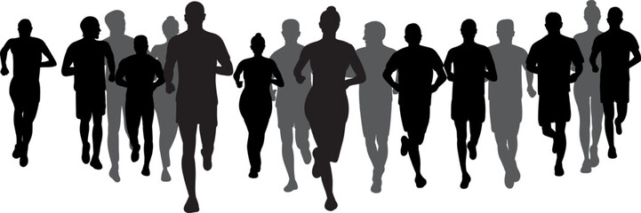 Crowd of running people silhouette, vector