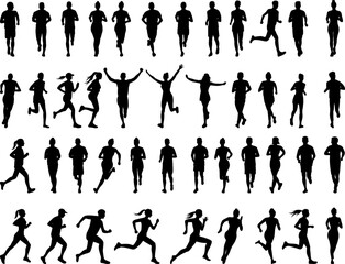 Set of silhouettes of people running, vector