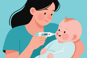 Obraz premium Illustration Of A Mother Checking The Body Temperature Of Her Sick Baby Vector Design Template