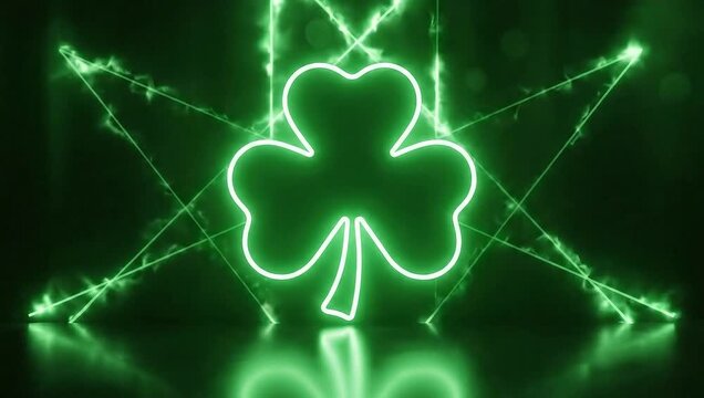 Neon Clover with Green Energy Lines on Dark Background.