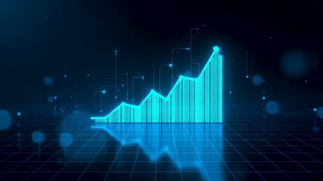 Blue bar chart with rising columns on dark grid background showing data visualization