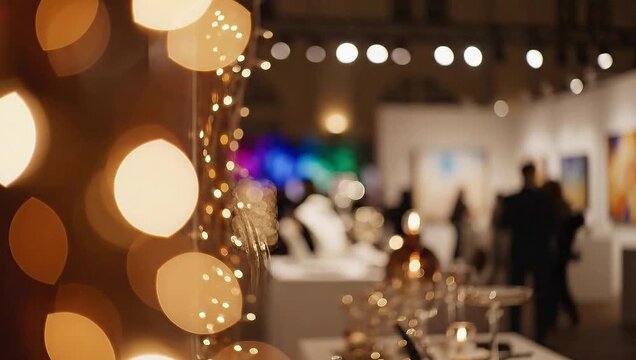 Blurred background of a festive event with bokeh lights and people.