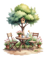 ルノルマンカード「庭」交流とくつろぎのガーデンカフェ風水彩イラスト
Lenormand Garden Card &ndash; Cozy Garden Caf&eacute; Scene, Watercolor Illustration