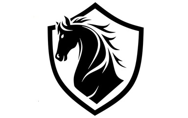 Fototapeta premium Black horse head in shield frame image,black head horse shield design logo,black horse head in the shape of a shield design ,black head horse shield design vector 
