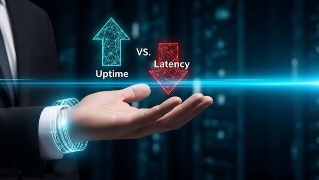 Businessman illustrating uptime versus latency in modern technology concept - Powered by Adobe