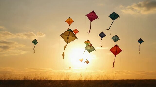 Silhouetted Kites at Sunset Flaying against Sunlit Sky Bright Sunlight Illuminating Open Field Cinematic View Dynamic Footage Clip at Golden Hour Serene Scene