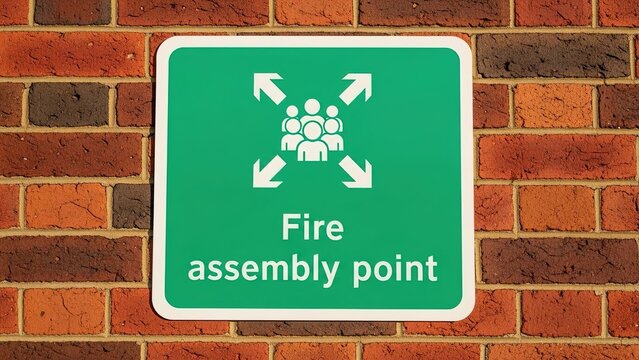 A green fire assembly point sign with a white icon on a brick wall.