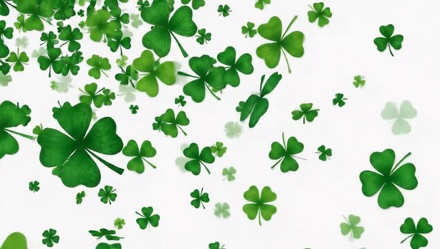 Green shamrocks falling on a white background, perfect for St. Patricks Day celebrations.