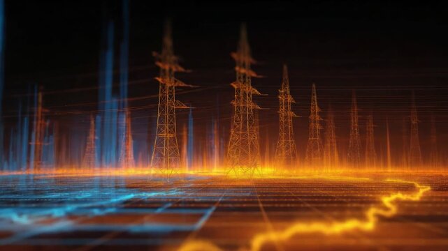 Electrifying Grid: Power lines stretch into the distance, with streams of electric signals illuminate, evoking a feeling of energy transmission and technological progress.