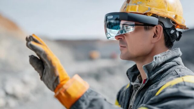 Worker in High-Tech Goggles: A determined worker, equipped with cutting-edge goggles, meticulously analyzes his surroundings, showcasing innovation and the future of work. 