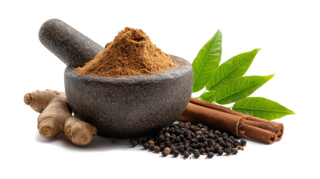 A Mix Of Cinnamon Dried Ginger Black Cardamom Javitri Long Pepper And Green Leaves Is Being Ground In Mortar Pestle With Som isolated on a white background